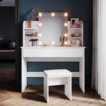 Sonni - Coiffeuse avec éclairage Miroir et tabouret 108x40x140cm Blanc Coiffeuse 3 modes d'éclairage 10 luminosités Fonction mémoire