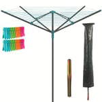 NEW 4 ARM ROTARY GARDEN WASHING LINE CLOTHES AIRER DRYER 50M +FREE COVER & SPIKE