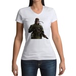 T-Shirt Femme Col V Metal Gear Solid Snake Fusil Jeux Video M-16