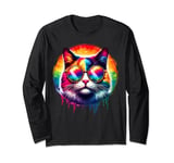 Cool Tie Dye Sunglasses Cat Illustration Graphic Art Long Sleeve T-Shirt