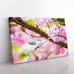 Big Box Art Bird in The Cherry Blossom Tree Painting Canvas Wall Art Print Ready to Hang Picture, 76 x 50 cm (30 x 20 Inch), Lavender, Grey, Brown, Olive, Green