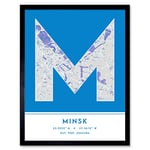 Wee Blue Coo Minsk Belarus City Map Blue Colour Block Modern Typography Stylish Letter Framed Word Wall Art Print Poster for Home Décor CITYMAP1