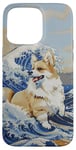 Coque pour iPhone 15 Pro Max Sabtle White Corgi Chien Maman Papa Kanagawa Art Beach