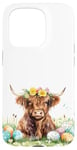 iPhone 15 Pro Highland Cow Spring Cute Easter Pattern Eggs Floral Flowers Case