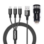 Goodyear Chargeur 3 en 1 Lightning/Micro USB/USB-C, prise allume-cigare double USB, câble 120 cm pour voiture