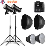 UK 2*Godox SK400II 400W 2.4G Flash+X1T-N for Nikon+light stand+Grid softbox Kit