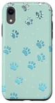 Coque pour iPhone XR Motif pattes de chien gris bleu clair, sur un vert menthe