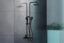 Colonne de douche thermostatique réglable design + tablette acier inox + mitigeur et pommeau de douche, Noir mat, BS371, Rond