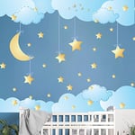 Stickers muraux enfants - Decoration chambre bébé - Sticker mural chambre enfant - Autocollant mural étoiles et nuages dans le ciel - H60 x L90 cm