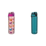 Ion8 Slim Gourde Unisex-Adult, Papillon, 600ml & Gourde Étanche Svelte, sans BPA, Bleu (Aqua), 600ml