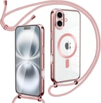 Collier Magnétique Coque Avec Cordon Pour Iphone 16, Transparent Réglable Étui Chain Chaine Housse De Souple Silicone Antichoc Etui Bandouliere Laniere Pour Iphone 16-Rose-Gold