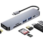 Hub Adaptateur USB C 6 en 1, Dongle USB C avec Port HDMI 4K, Chargement PD 100W, 2 USB, Lecteur Carte SD TF pour MacBook HP Dell