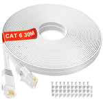 Cable Ethernet 30m, Haute Vitesse Cable RJ45 30m Long Câble Réseau Plat Installation Câble Internet 30 Mètres âme en Cuivre Pur Cable LAN Gigabit Haut Débit Câble Patch Blanc pour Routeur Modem.[G23]