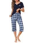 Bresdk Ensemble de Pyjama Femme Coton Vêtements de Nuit Haut à Manches Courtes de Couleur Unie + 3/4 Pantalons à Carreaux pour Femme 2 Pièces Doux Respirant