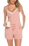 Wikoan Pyjama Femme Short Sexy Ensembles de Pyjama Court Pyjama en Dentelle Col V Cami et Shorts pour Femmes Vêtements de Nuit Été Rose XXL