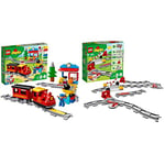 LEGO 10874 DUPLO Town Steam Train for Toddlers, Light & Sound, Push & Go Battery Powered Toy for Kids Age 2-5 & 10882 DUPLO Town Train Tracks Building Set with Red Action Brick