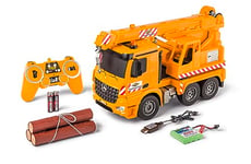 Carson 500907666 1:20 MB Arocs Camion-Grue 100% RTR - Véhicule télécommandé, Camion avec Fonctions Son et lumière, Batteries et radiocommande incluses, 30 Minutes de Conduite