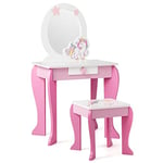 COSTWAY Coiffeuse pour Enfant Table de Maquillage avec Tabouret, Miroir Détachable et 1 Tiroir de Rangement Style Princesse Jeu d'Imitation pour Filles (Rose)