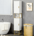 Tall Bathroom Cabinet Modern Gold White Storage Unit Display Cupboard Door Shelf