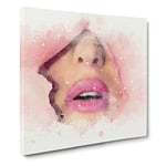 Pink Lips Breaking Through in Abstract Modern Canvas Wall Art Print Ready to Hang, Framed Picture for Living Room Bedroom Home Office Décor, 14x14 Inch (35x35 cm)