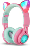 Casque BluetoothCT Oreille de Chat - sans Fil et Pliable - avec Microphone et contrôle du Volume - pour Phone/iPad/Smartphone/Ordinateur Portable/PC/TV Pink&Green