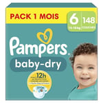 Pampers Baby-Dry, Taille 6, 148 Couches, 13-18kg, Une nuit jusqu'à 100% sans fuites avec la Poche Stop & Protect à l’arrière de la couche, Pack 1 Mois