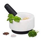 Relaxdays Mortier et pilon, en granit, Silicone, longue vie, massif épices et herbes,broyeur en pierre D14 cm, blanc