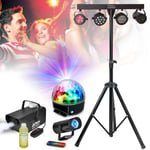 Pack 6 Jeux de Lumière - Par - Astro - Strobo - Moonflower - Pied Support - Machine à Fumée 400W - Produit 1L - Soirée - Mariage