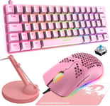 T60 Set Clavier et Souris de Jeu, Mini Clavier Mécanique 60%, 19 Backlit Arc-en-ciel, UK Layout Compact 62 Key + Souris de Jeu 6400 DPI + Gaming Mouse Bungee + Mousepad pour PC