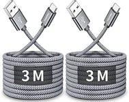 CLEEFUN USB C Cable (3M, 2-Pack), Long PS5 Controller Charger Fast Charging USB-C to USB-A Braided Lead for iphone 15 16 Pro, Samsung Galaxy S24 S23 S22 S21 S20 S10 S9 S8 + A51 A52 A53 A70 -Grey