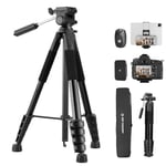 190cm/75'' Lightweight Tripod, K&F Concept Compact Tripod for DSLR Camera, Camera Tripod for Canon Nikon Sony with 2-in-1 Phone Tablet Holder, Travel Tripod with Bluetooth, Load Capacity 4kg