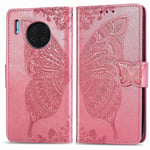 Pinkki Yhteensopiva Huawei Mate 30 Pro Butterfly Love Flower -Nahkakotelon Kanssa