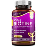 Biotine 450 mcg + Zinc + Cuivre + Selenium - Pour 1 An de Cure, Complement Alimentaire Cheveux pour Pousse Cheveux et Ongles - Biotine Cheveux - 365 Gélules Vegan - Nutravita