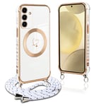 Pnakqil Coque Magnétique pour Samsung Galaxy S24 Plus Con Cordon, Compatible avec MagSafe, Antichoc Silicone Housse avec Motif Coeur d'amour Réglable Collier Lanyard, pour Samsung S24+, Chaine-Blanc