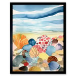 Seaside Beachcombing Colourful Seashells And Beach Pebbles Watercolour Painting Art Print Framed Poster Wall Decor 12x16 inch