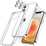 5 En 1 Coque Pour Iphone 12 6,1 Pouces Avec 2 Protection D'écran Et Protecteur Caméra Arrière, Anti-Jaunissement Film En Verre Trempé À Couverture Complète Antichoc (Transparente).[V3697]