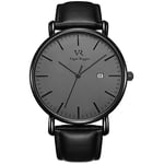 BUREI Vigor Rigger Montre pour Homme Montres à Quartz analogiques Minimaliste Ultra Mince Date Bracelet en Cuir Noir