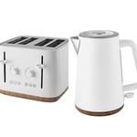 Matte White Scandi 4-Slice Toaster, Matte White Scandi Kettle 1.7L (Wood Effect)