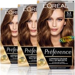 3x Loreal Preference Virginia 5.3 LIGHT GOLDEN BROWN Permanent Hair Colour Dye