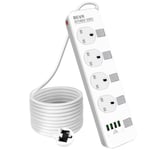 Extension Lead 5M, BEVA 4 Gang Power Strip with 4 USB Ports, Multi Plug Charging Station with Independent Switches, Surge Protected Power Extension for Home & Office - 5 Meter Cord (White)…