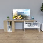 Mondeer - Meuble TV-Table Moderne pour Salon Extensible et Ajustable, Blanc et Coloris Chêne