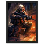 Army Warfare Desert Sniper Explosion Flames Oil Painting Soldier Action Scene Artwork Framed Wall Art Print A4