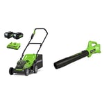 Greenworks 2x24V 36 cm Battery Lawnmower G24X2LM36K4x with 2x4Ah Battery and Dual Slot Charger & 24V Axial Leaf Blower G24AB Tool Only