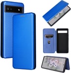 Compatible Avec Coque Google Pixel 6a, Mince Flip Fibre De Carbone [Test De Chute] Antichoc Stand Fente Avec Carte, Protecteur D'écran En Verre Trempé*2-Bleu