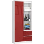 Bibliothèque de bureau AKORD R11 Blanche 80 cm 1 porte 2 tiroirs façade Rouge Brillante 7 étagères 80x35x180 cm