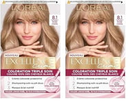 L’ORÉAL PARIS - Coloration Cheveux Permanente Triple Soin - Couvre 100% des Cheveux Blancs - Excellence Crème - Nuance : Blond Clair Cendré (8.10) (Lot de 2)