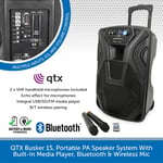 QTX Busker 15 Portable PA Speaker With Bluetooth, Media Player & 2 Wireless Mics