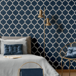 Zara Trellis Wallpaper 173552 Navy Silver Metallic Geometric Feature Wall Muriva