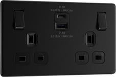 BG Screwless FFB22UAC22B Matt Black Double Socket with USB 22W Type A & C USB