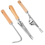 CTDMJ 3 Pcs Désherbeur Manuel Outil de Désherbage Manuel Désherbeur à Main de Jardin Outil Désherbage en Acier Inoxydable avec Manche Ergonomique en Bois Naturel,pour Désherber Votre Jardin,Creuser